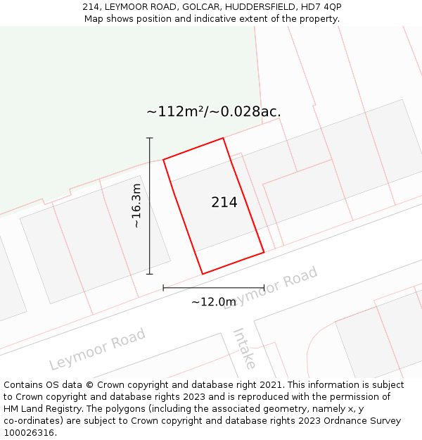 214, LEYMOOR ROAD, GOLCAR, HUDDERSFIELD, HD7 4QP: Plot and title map