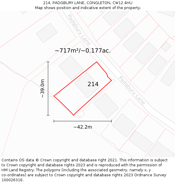 214, PADGBURY LANE, CONGLETON, CW12 4HU: Plot and title map