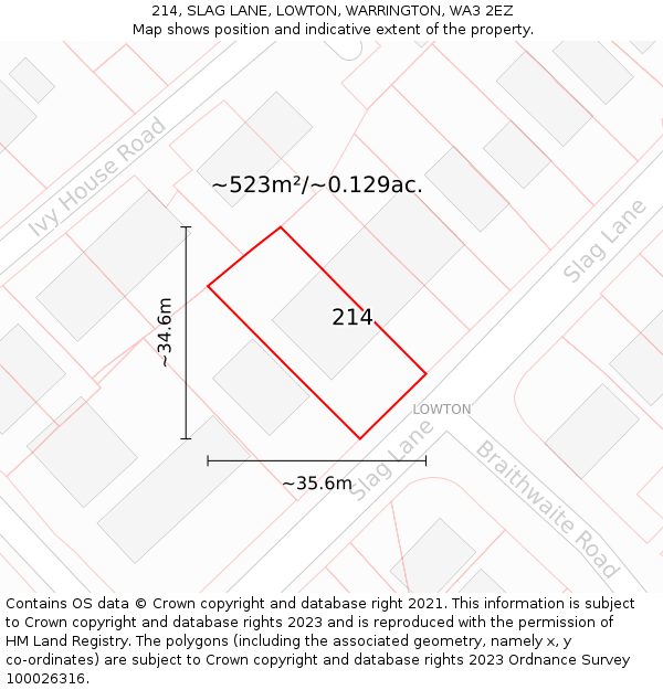 214, SLAG LANE, LOWTON, WARRINGTON, WA3 2EZ: Plot and title map
