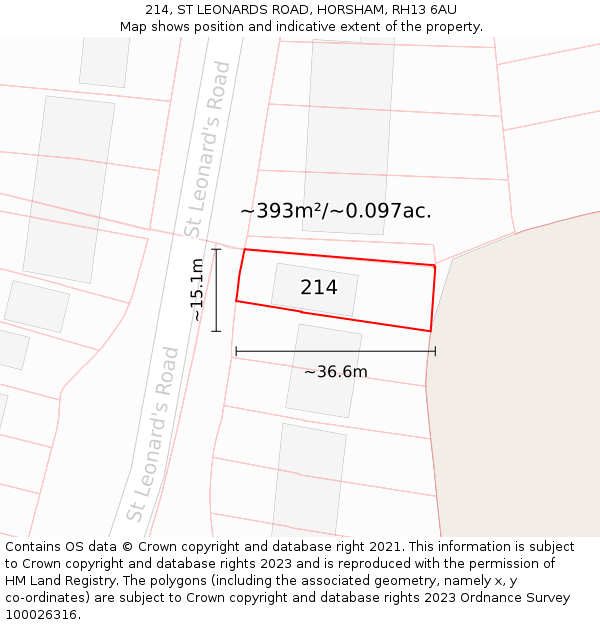 214, ST LEONARDS ROAD, HORSHAM, RH13 6AU: Plot and title map