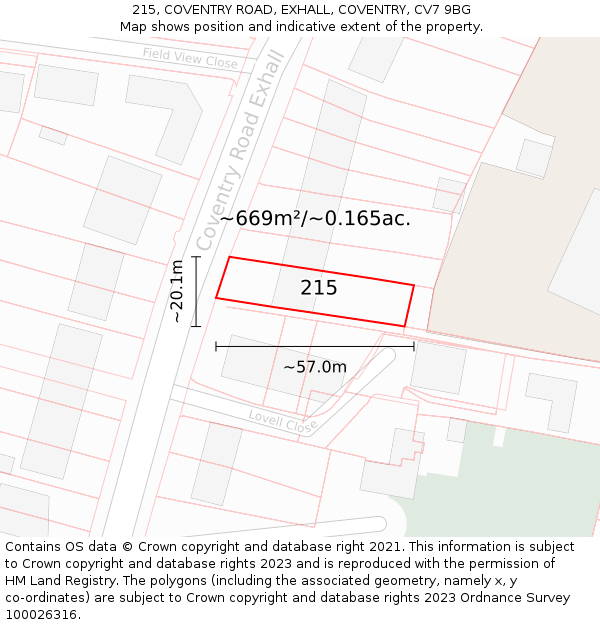 215, COVENTRY ROAD, EXHALL, COVENTRY, CV7 9BG: Plot and title map
