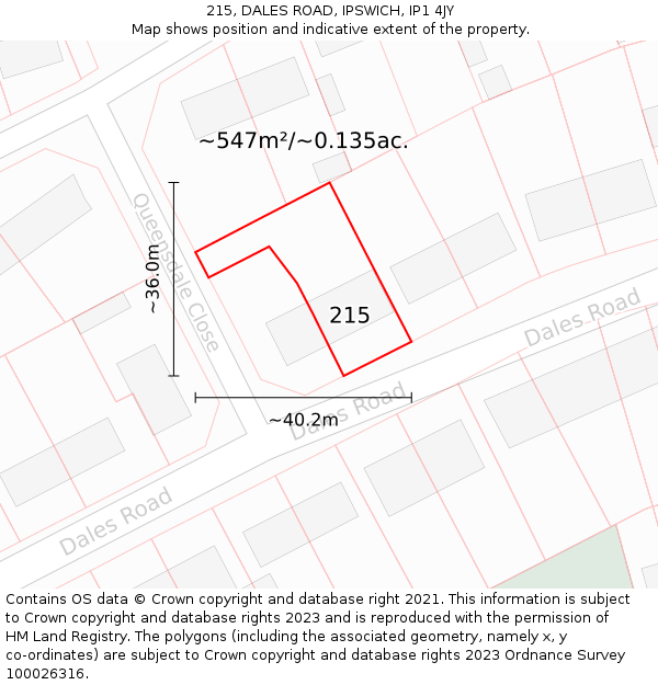 215, DALES ROAD, IPSWICH, IP1 4JY: Plot and title map