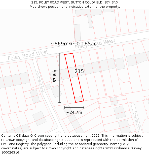 215, FOLEY ROAD WEST, SUTTON COLDFIELD, B74 3NX: Plot and title map