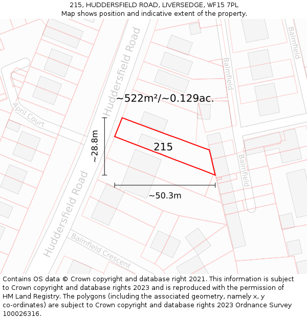 215, HUDDERSFIELD ROAD, LIVERSEDGE, WF15 7PL: Plot and title map