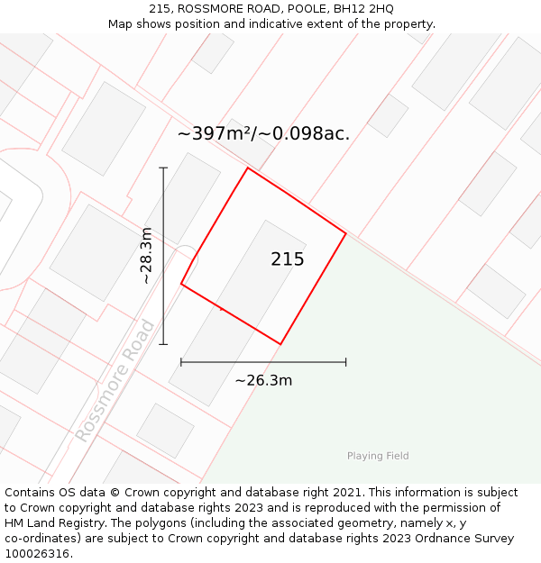 215, ROSSMORE ROAD, POOLE, BH12 2HQ: Plot and title map