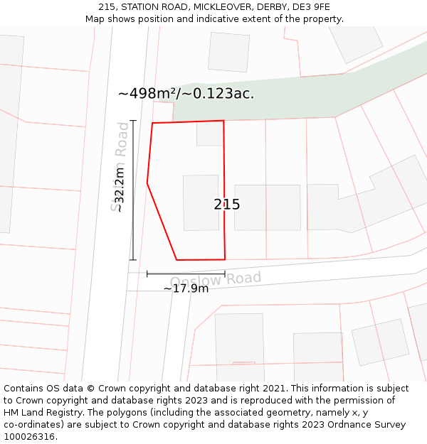 215, STATION ROAD, MICKLEOVER, DERBY, DE3 9FE: Plot and title map