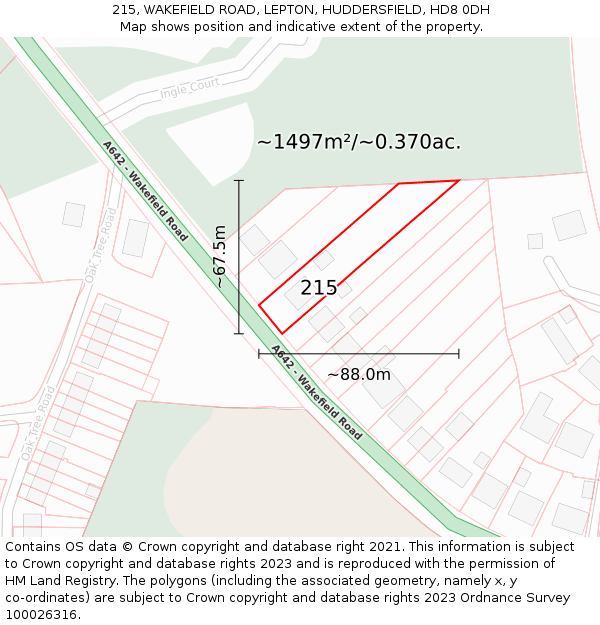 215, WAKEFIELD ROAD, LEPTON, HUDDERSFIELD, HD8 0DH: Plot and title map