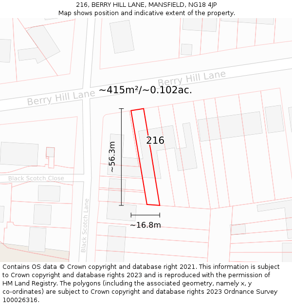 216, BERRY HILL LANE, MANSFIELD, NG18 4JP: Plot and title map