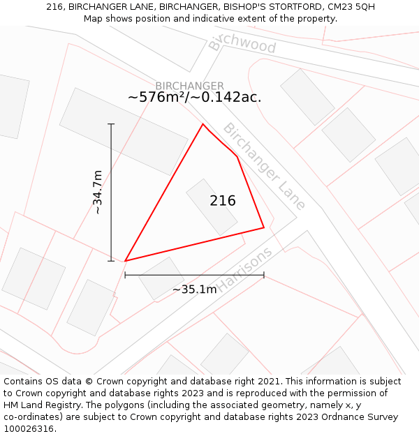 216, BIRCHANGER LANE, BIRCHANGER, BISHOP'S STORTFORD, CM23 5QH: Plot and title map