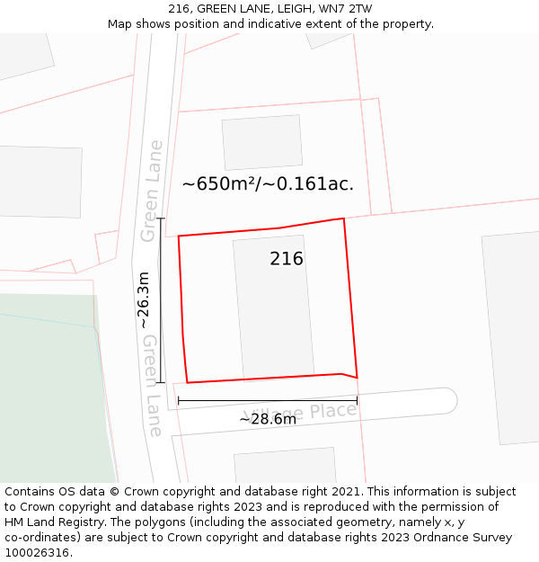216, GREEN LANE, LEIGH, WN7 2TW: Plot and title map