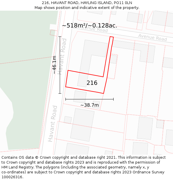 216, HAVANT ROAD, HAYLING ISLAND, PO11 0LN: Plot and title map