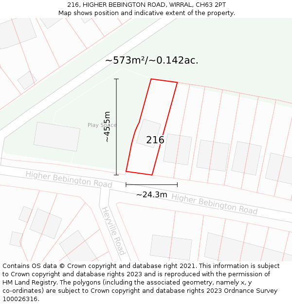 216, HIGHER BEBINGTON ROAD, WIRRAL, CH63 2PT: Plot and title map