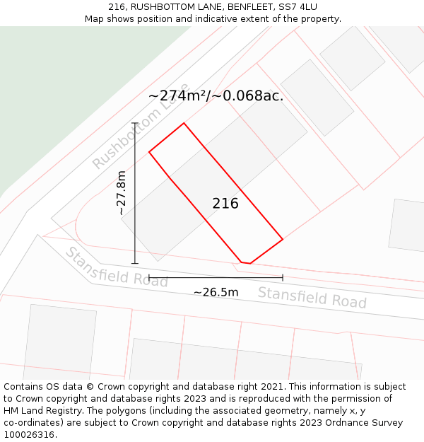 216, RUSHBOTTOM LANE, BENFLEET, SS7 4LU: Plot and title map