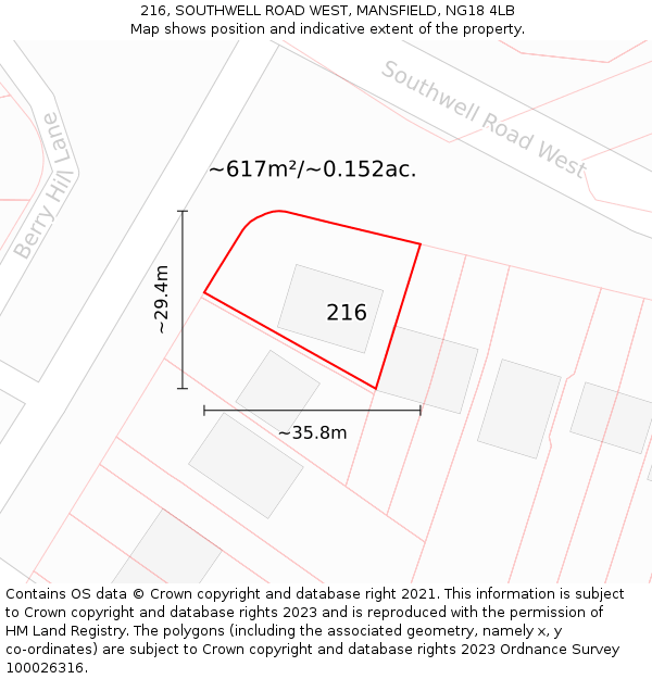 216, SOUTHWELL ROAD WEST, MANSFIELD, NG18 4LB: Plot and title map