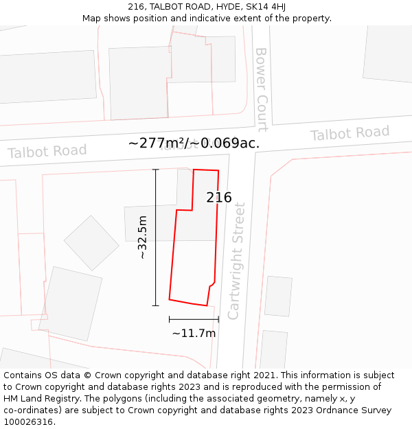 216, TALBOT ROAD, HYDE, SK14 4HJ: Plot and title map