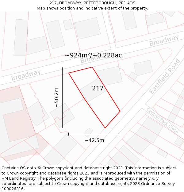 217, BROADWAY, PETERBOROUGH, PE1 4DS: Plot and title map