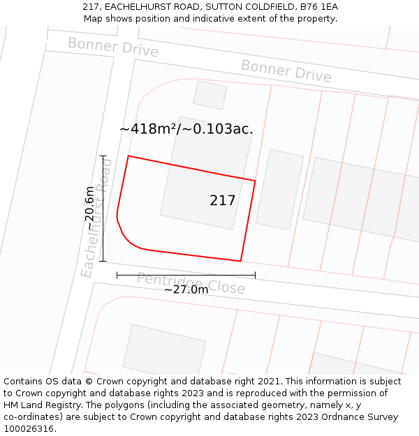 217, EACHELHURST ROAD, SUTTON COLDFIELD, B76 1EA: Plot and title map