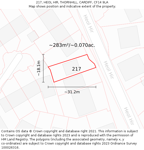 217, HEOL HIR, THORNHILL, CARDIFF, CF14 9LA: Plot and title map