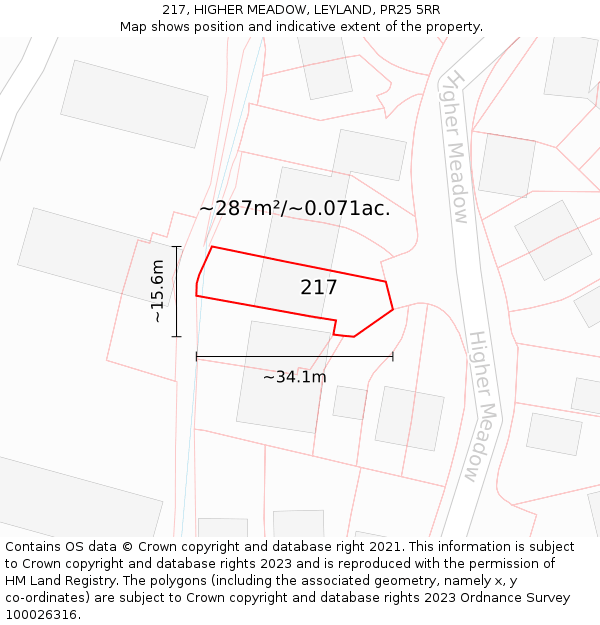 217, HIGHER MEADOW, LEYLAND, PR25 5RR: Plot and title map