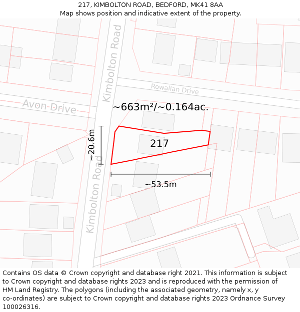217, KIMBOLTON ROAD, BEDFORD, MK41 8AA: Plot and title map
