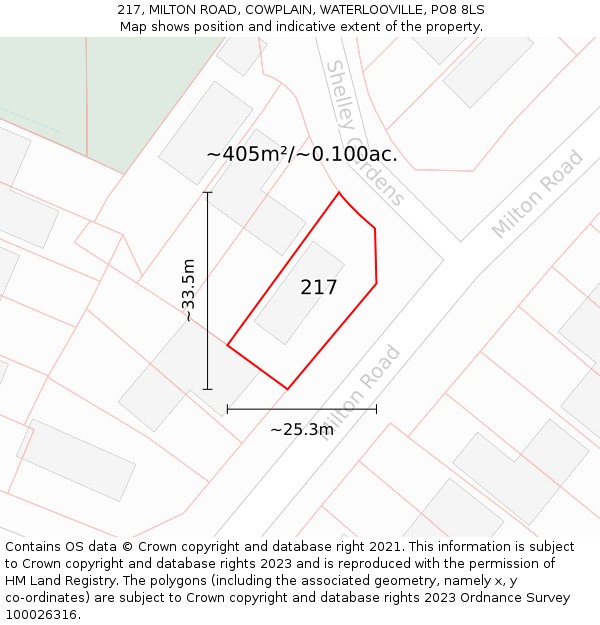 217, MILTON ROAD, COWPLAIN, WATERLOOVILLE, PO8 8LS: Plot and title map