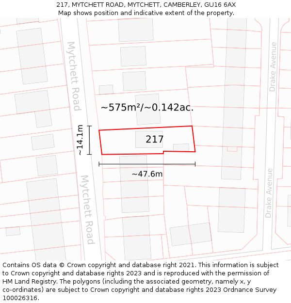 217, MYTCHETT ROAD, MYTCHETT, CAMBERLEY, GU16 6AX: Plot and title map