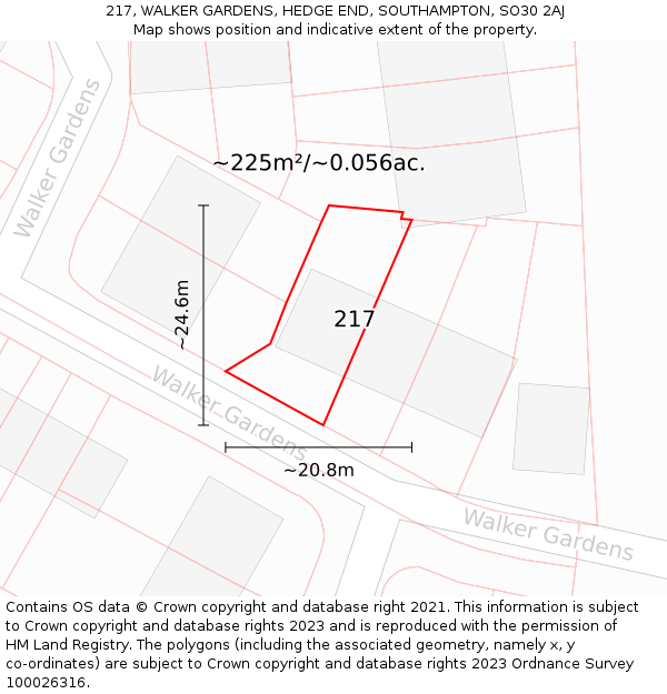 217, WALKER GARDENS, HEDGE END, SOUTHAMPTON, SO30 2AJ: Plot and title map