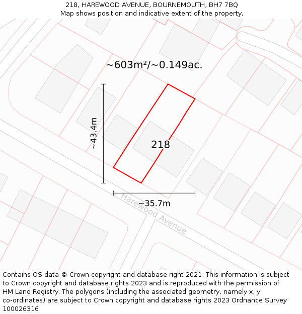 218, HAREWOOD AVENUE, BOURNEMOUTH, BH7 7BQ: Plot and title map