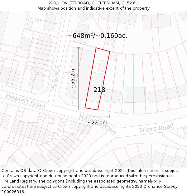 218, HEWLETT ROAD, CHELTENHAM, GL52 6UJ: Plot and title map