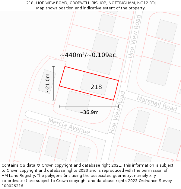 218, HOE VIEW ROAD, CROPWELL BISHOP, NOTTINGHAM, NG12 3DJ: Plot and title map