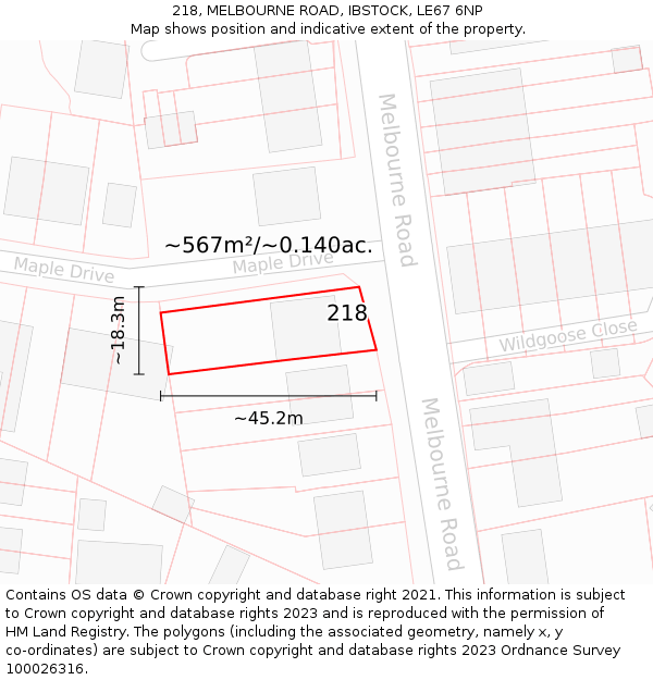 218, MELBOURNE ROAD, IBSTOCK, LE67 6NP: Plot and title map