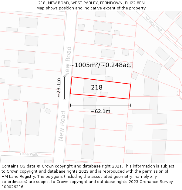 218, NEW ROAD, WEST PARLEY, FERNDOWN, BH22 8EN: Plot and title map