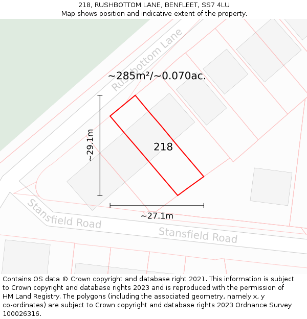 218, RUSHBOTTOM LANE, BENFLEET, SS7 4LU: Plot and title map
