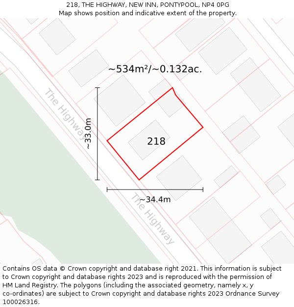 218, THE HIGHWAY, NEW INN, PONTYPOOL, NP4 0PG: Plot and title map