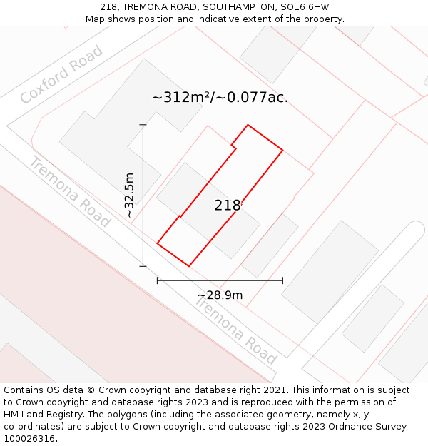 218, TREMONA ROAD, SOUTHAMPTON, SO16 6HW: Plot and title map