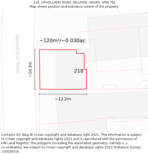 218, UPHOLLAND ROAD, BILLINGE, WIGAN, WN5 7DJ: Plot and title map