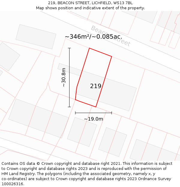 219, BEACON STREET, LICHFIELD, WS13 7BL: Plot and title map