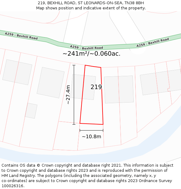 219, BEXHILL ROAD, ST LEONARDS-ON-SEA, TN38 8BH: Plot and title map