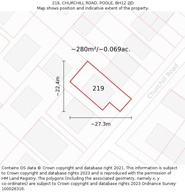 219, CHURCHILL ROAD, POOLE, BH12 2JD: Plot and title map