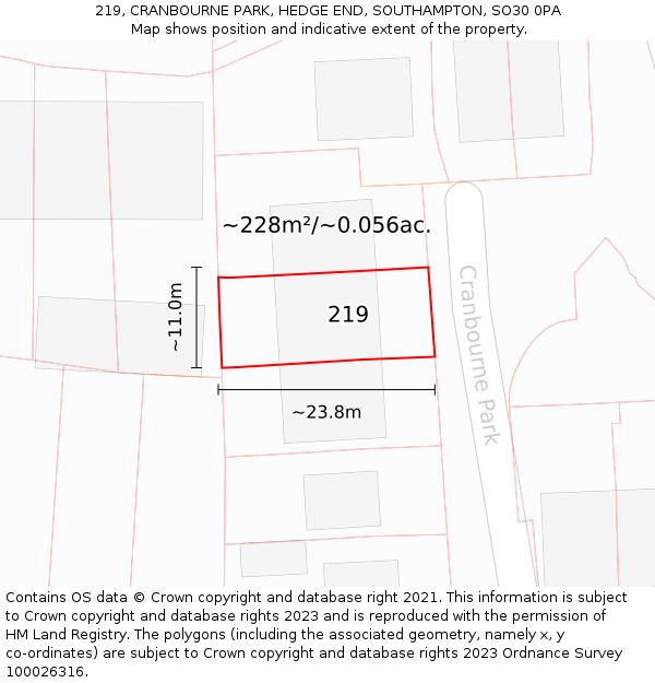 219, CRANBOURNE PARK, HEDGE END, SOUTHAMPTON, SO30 0PA: Plot and title map