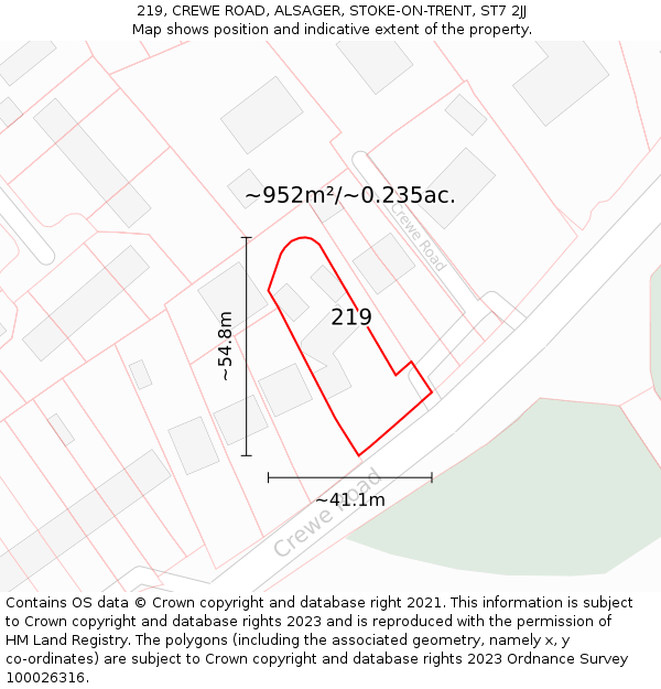 219, CREWE ROAD, ALSAGER, STOKE-ON-TRENT, ST7 2JJ: Plot and title map