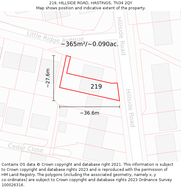 219, HILLSIDE ROAD, HASTINGS, TN34 2QY: Plot and title map