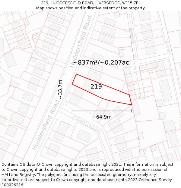 219, HUDDERSFIELD ROAD, LIVERSEDGE, WF15 7PL: Plot and title map