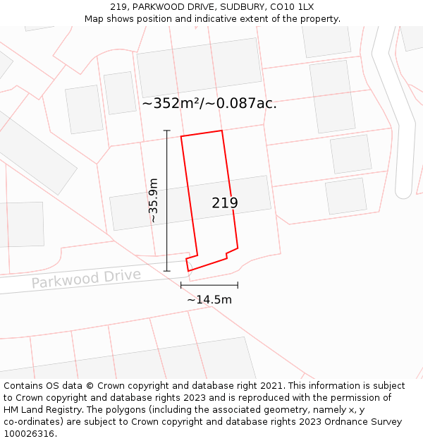 219, PARKWOOD DRIVE, SUDBURY, CO10 1LX: Plot and title map