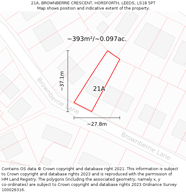 21A, BROWNBERRIE CRESCENT, HORSFORTH, LEEDS, LS18 5PT: Plot and title map