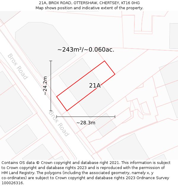 21A, BROX ROAD, OTTERSHAW, CHERTSEY, KT16 0HG: Plot and title map