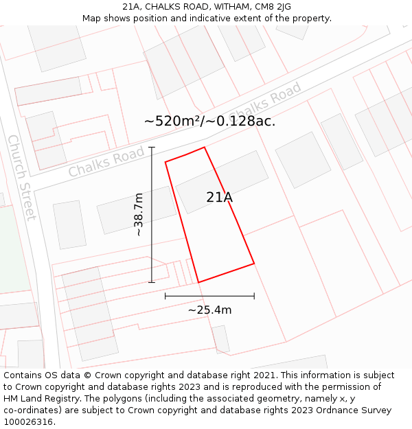 21A, CHALKS ROAD, WITHAM, CM8 2JG: Plot and title map