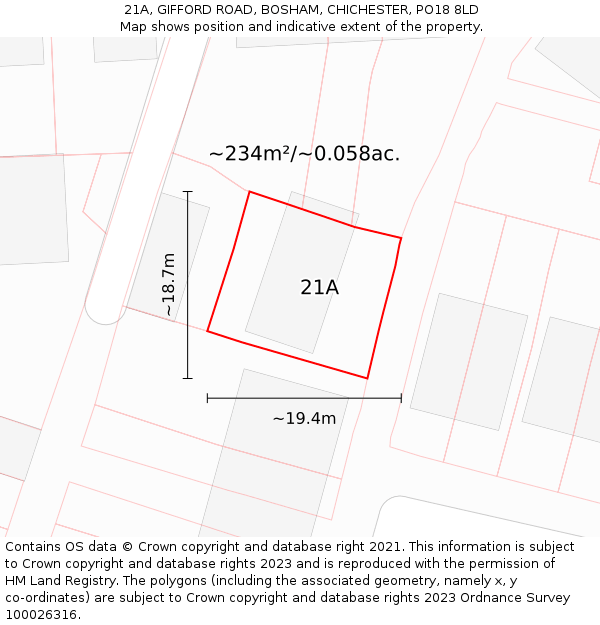 21A, GIFFORD ROAD, BOSHAM, CHICHESTER, PO18 8LD: Plot and title map