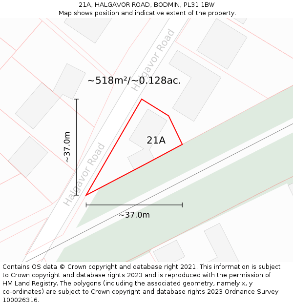 21A, HALGAVOR ROAD, BODMIN, PL31 1BW: Plot and title map