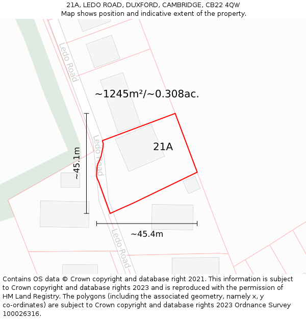 21A, LEDO ROAD, DUXFORD, CAMBRIDGE, CB22 4QW: Plot and title map